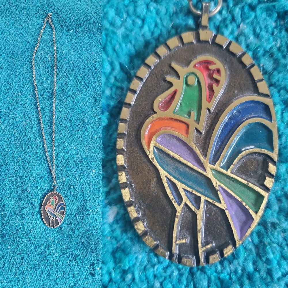 Rainbow rooster vintage necklace